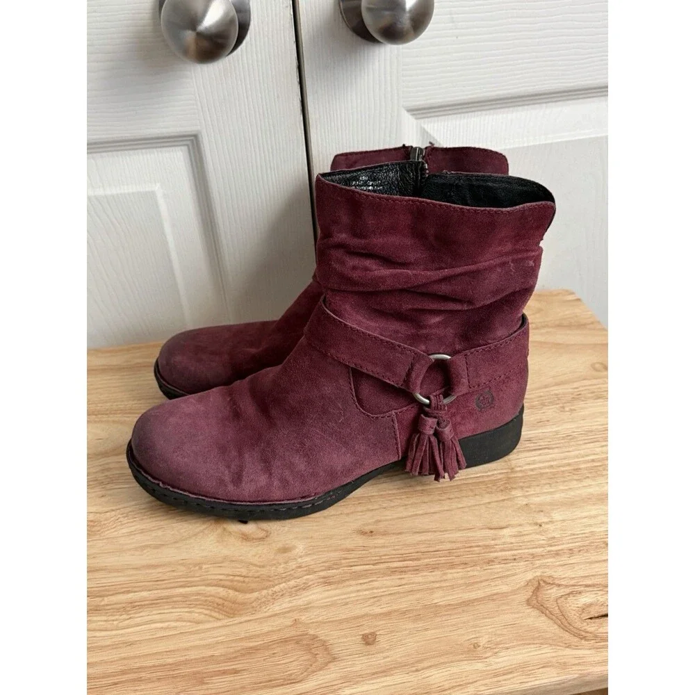 Born Wine Burgundy Suede distressed zip ankle boots tassel western Women’s 9.5M